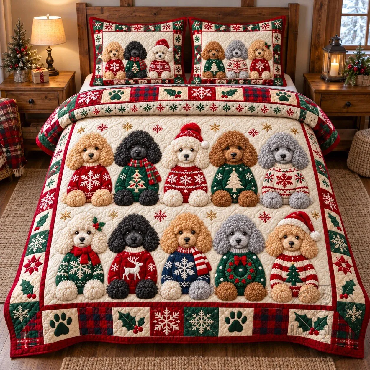 Christmas Poodle Dogs Holiday Sweater Quilted Coverlet Bedding Set