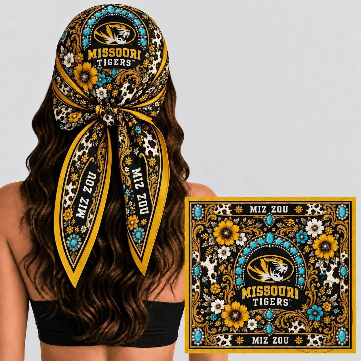 Missouri Tigers Western Boho Floral Turquoise Bandana Scarf