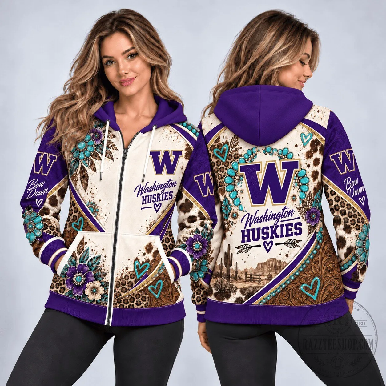 Washington Huskies Western Boho Floral Pattern Full Zip Hoodie