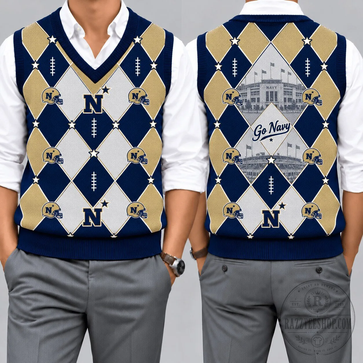 Navy Midshipmen Football Team Argyle Pattern V-Neck Sleeveless Knit Vest