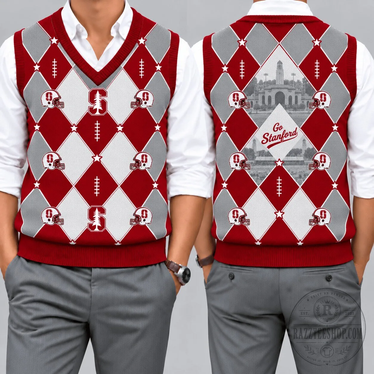 Stanford Cardinal Football Team Argyle Pattern V-Neck Sleeveless Knit Vest