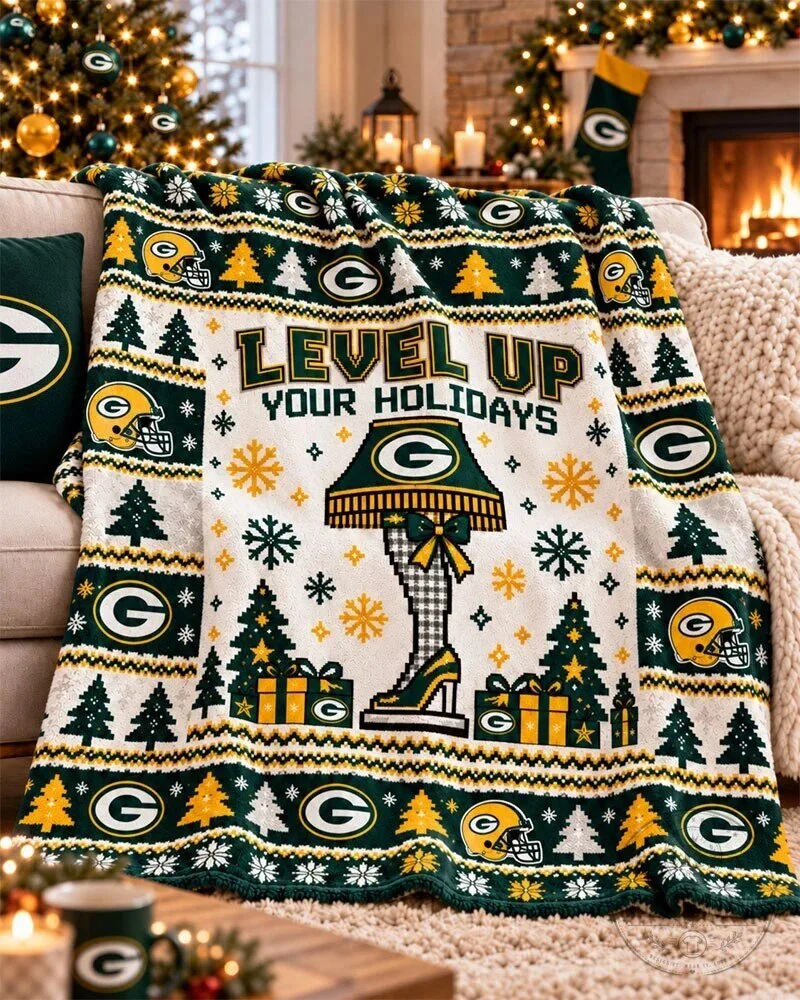 Green Bay Packers Level Up Your Holidays Christmas Flannel Blanket