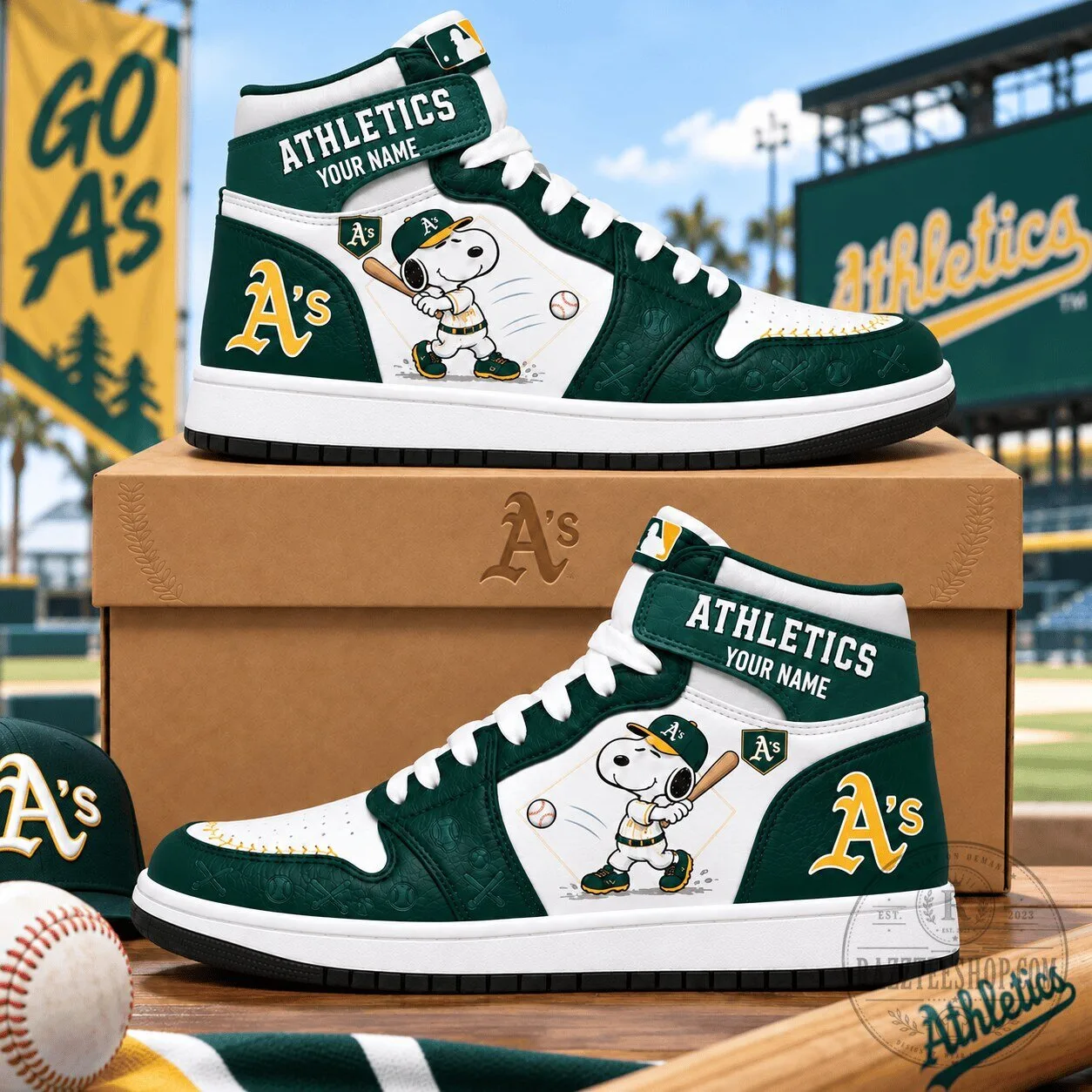 Oakland Athletics Snoopy Baseball Player Custom Name High Top Sneakers