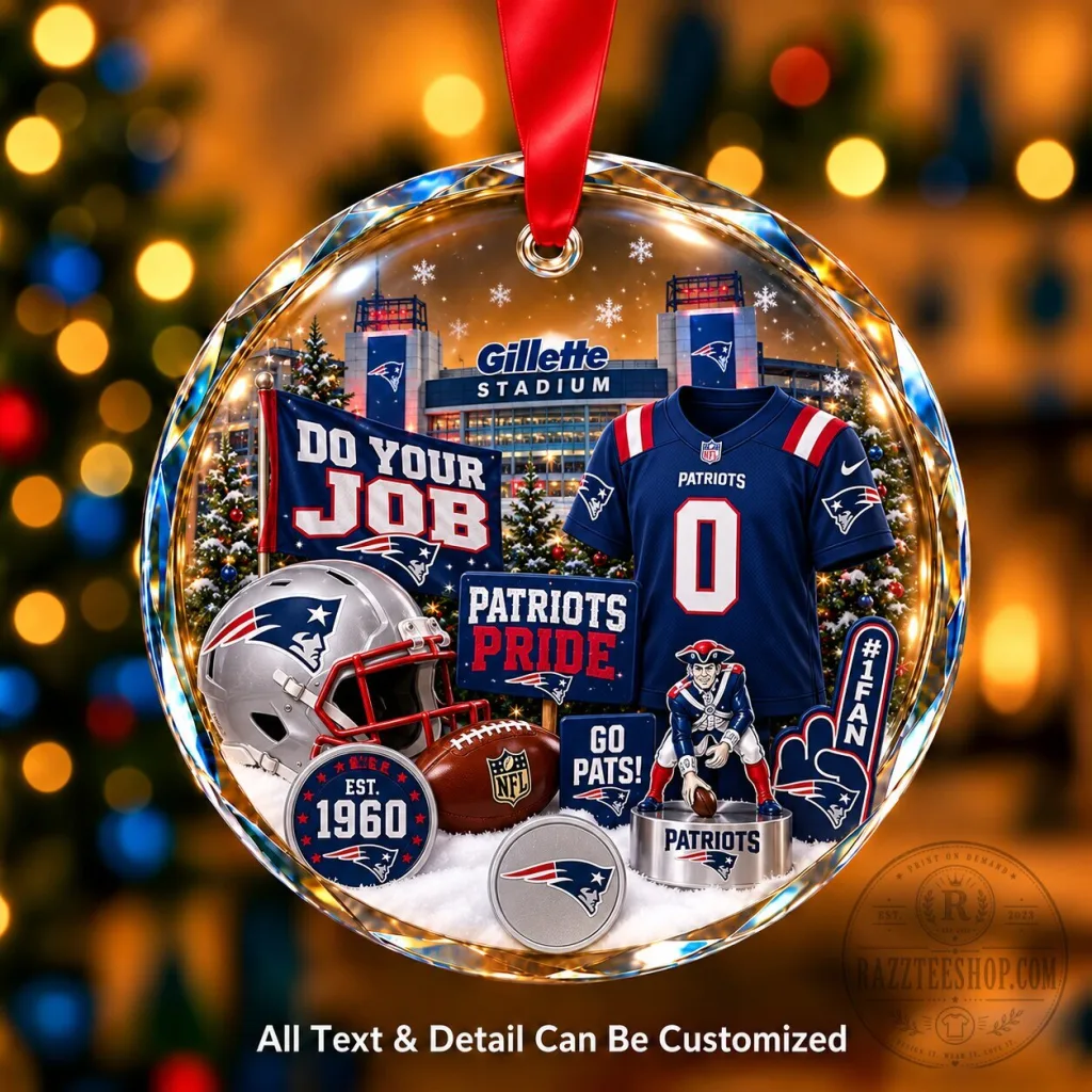 New England Patriots NFL Christmas Personalized Circle Glass Ornament New England Patriots NFL Christmas Personalized Circle Glass Ornament