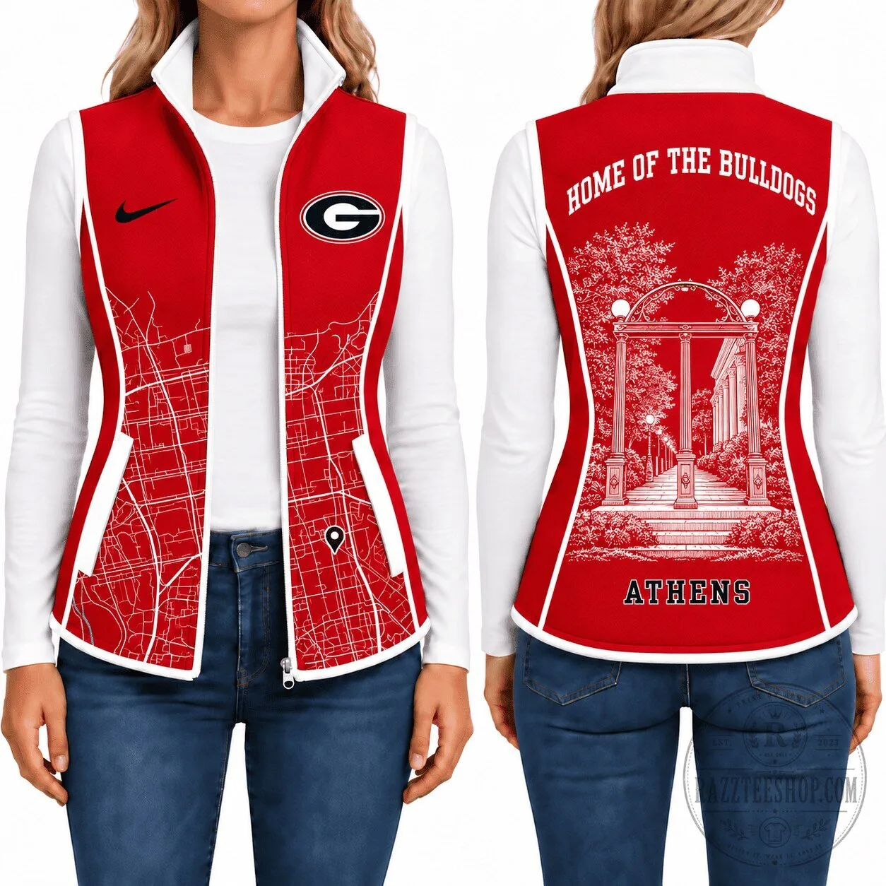 Georgia Bulldogs University of Georgia Athens City Map Women's Fleece Vest Jacket 1 Georgia Bulldogs University of Georgia Athens City Map Women's Fleece Vest Jacket
