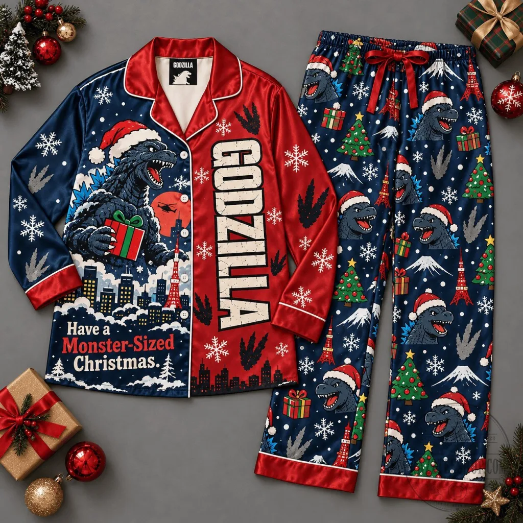 Godzilla Christmas Snowflake Print Long Sleeve Pajamas Set with Red Trim Godzilla Christmas Snowflake Print Long Sleeve Pajamas Set with Red Trim