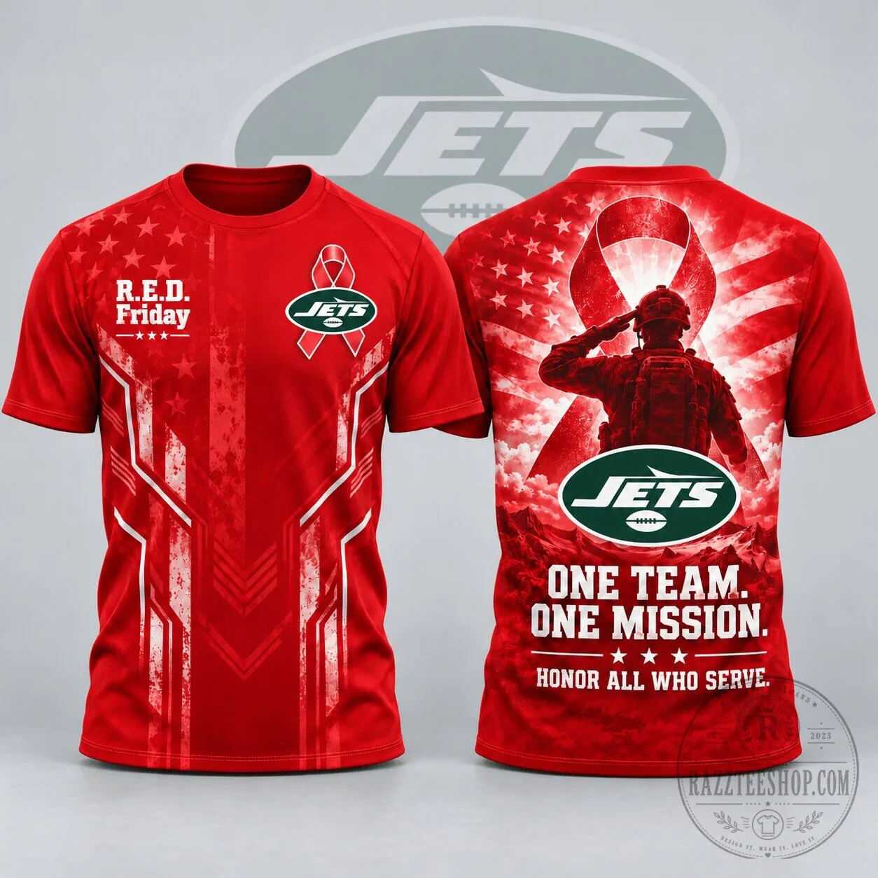 New York Jets R.E.D. Friday One Team One Mission Patriotic Soldier Tribute T-Shirt
