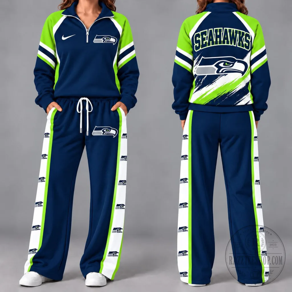 Seattle Seahawks Women's Varsity Vibes Quarter-Zip Pullover Hoodie and Pants Set Seattle Seahawks Women's Varsity Vibes Quarter-Zip Pullover Hoodie and Pants Set