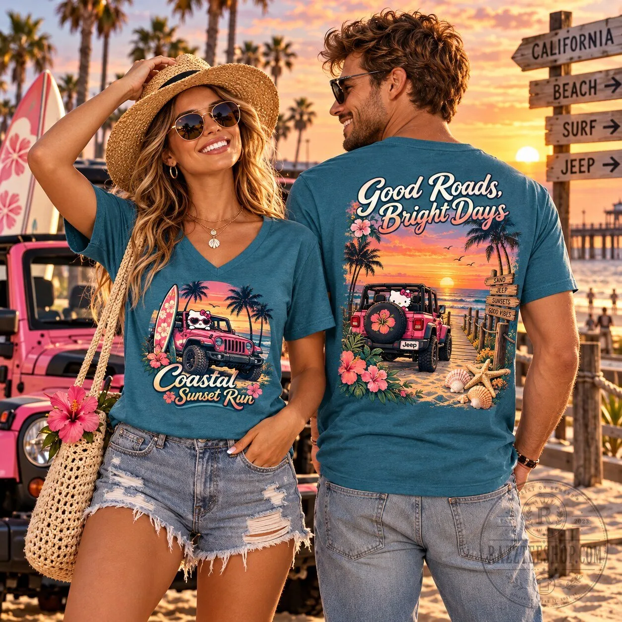 Hello Kitty Coastal Sunset Jeep V-Neck T-Shirt for Beach Road Trip