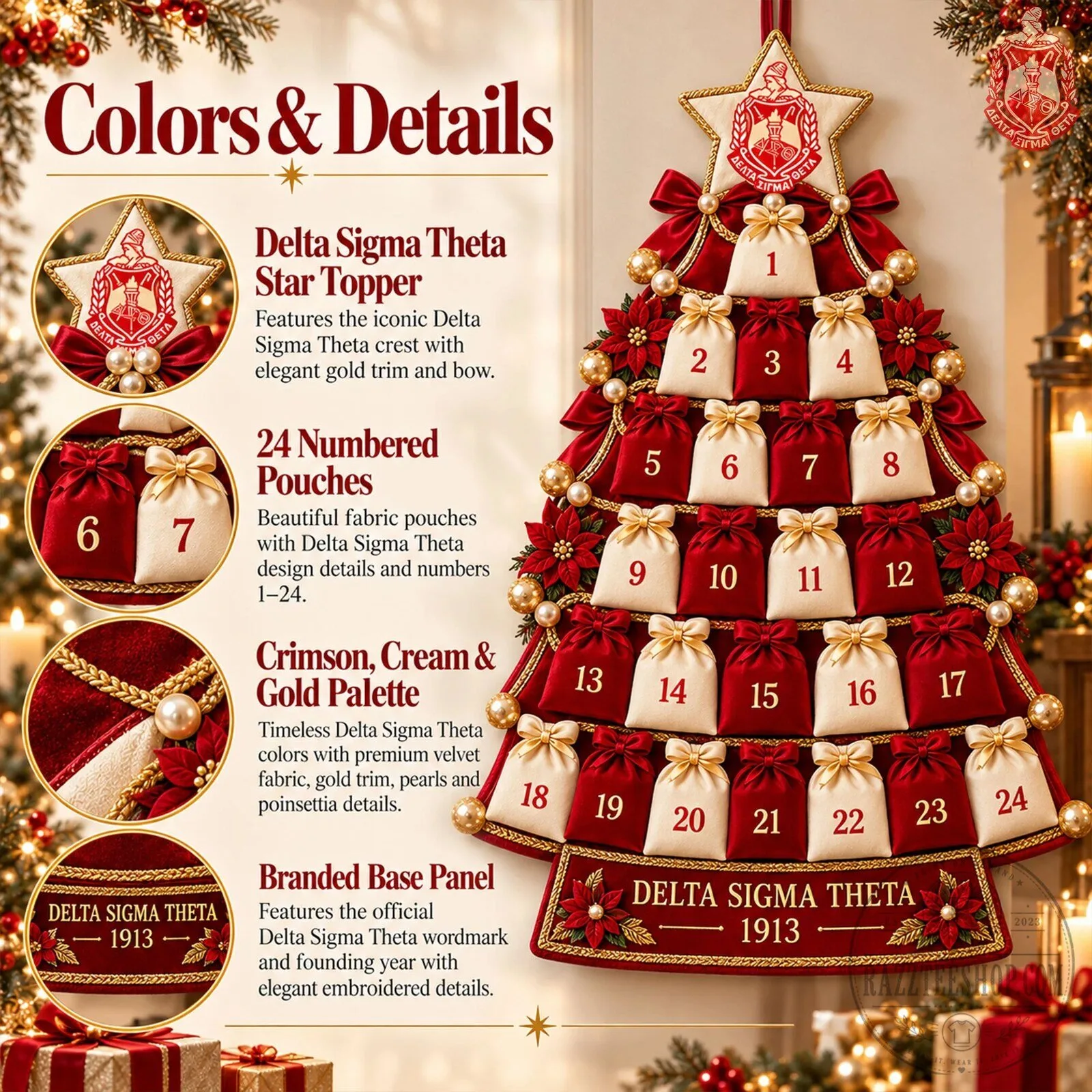Delta Sigma Theta Sorority Christmas Tree Advent Calendar with 24 Pouches