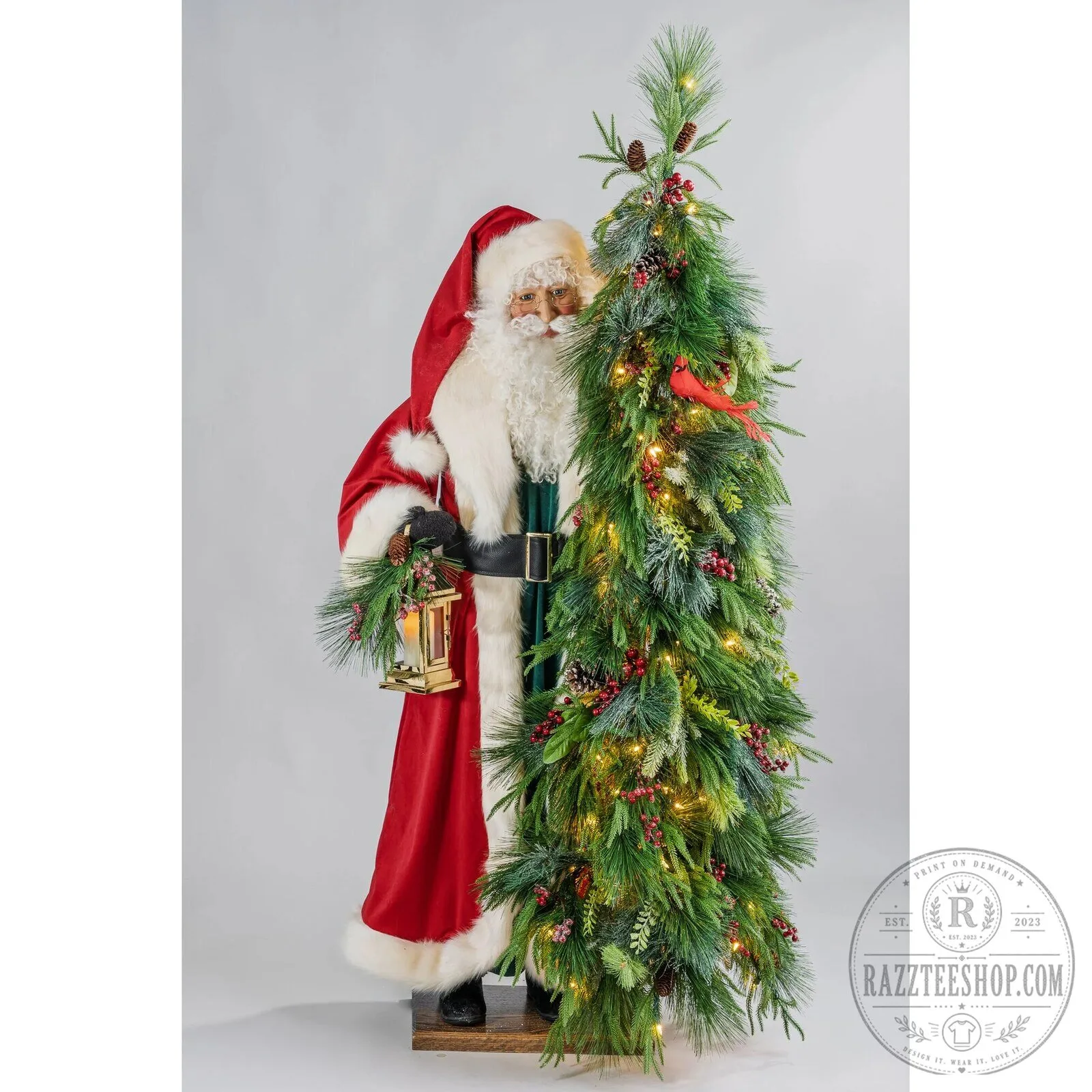 Christmas Santa Claus with Lantern and Pine Tree Holiday Figurine Decoration
