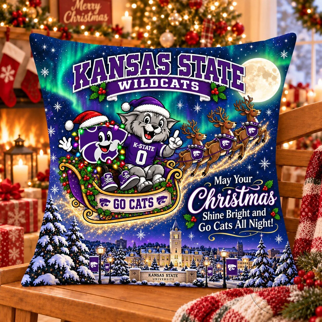 Kansas State Wildcats Christmas Night Flight Decorative Throw Pillow
