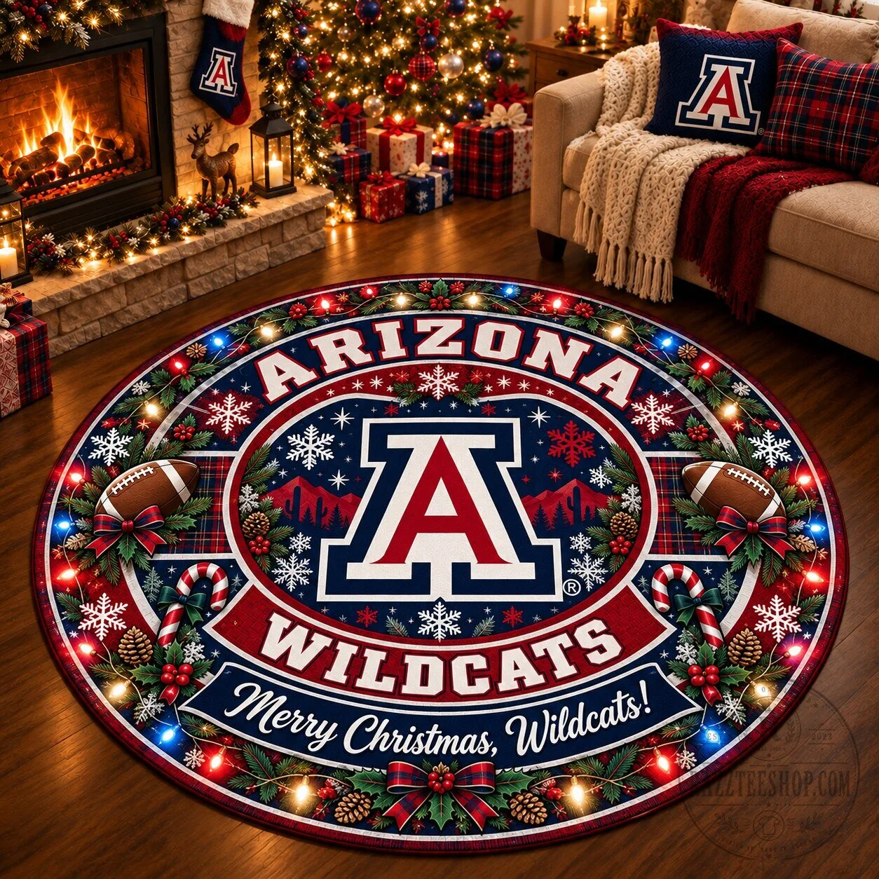 Arizona Wildcats Christmas Round Rug - Merry Christmas Wildcats Holiday Decor