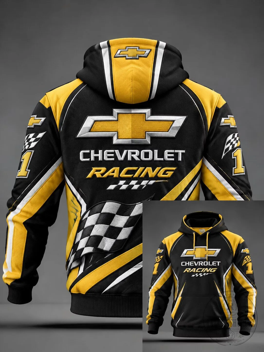 Chevrolet Racing Black and Yellow Checkered Flag Graphic Hoodie Pullover