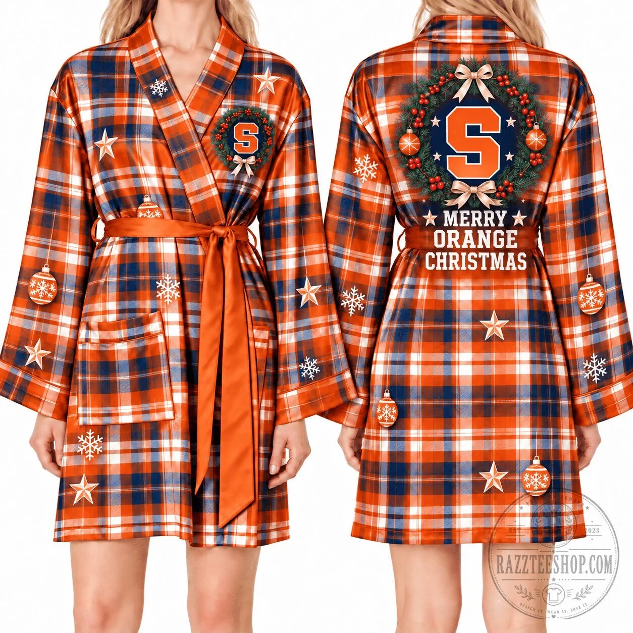 Syracuse Orange Christmas Plaid Satin Robe