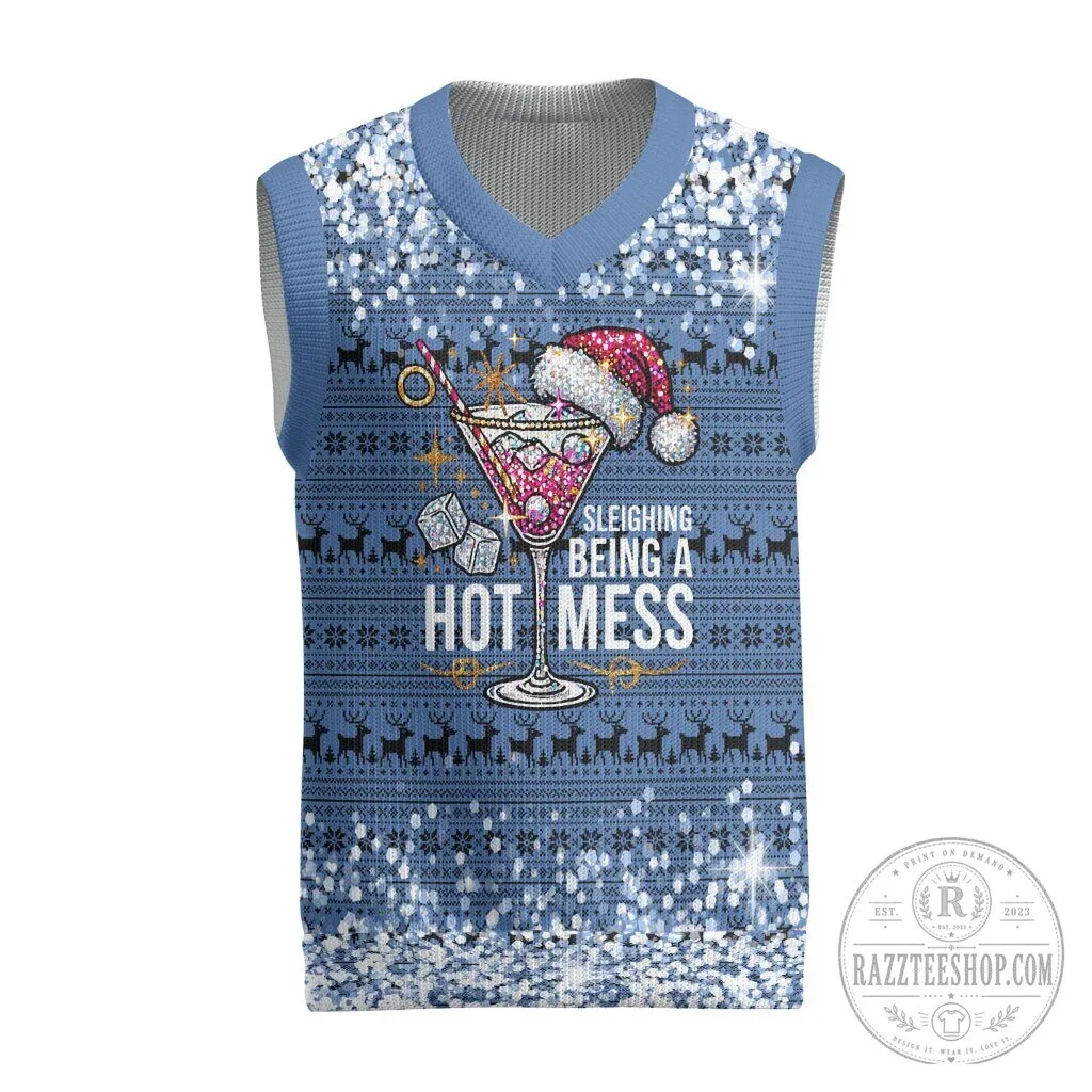 Sleighing Being A Hot Mess Christmas Martini Glass Ugly Sweater Vest