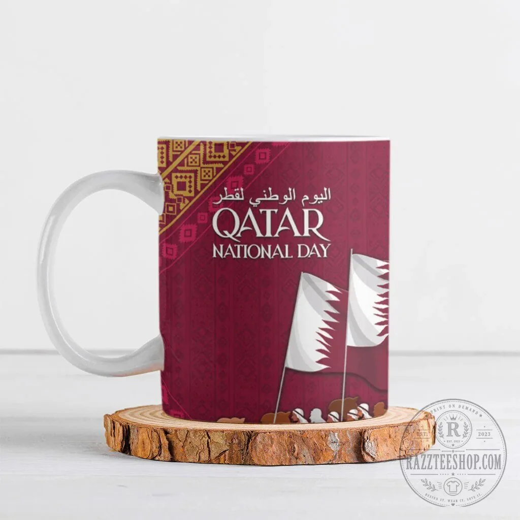 Qatar National Day Celebration Flags Arabic Calligraphy Ceramic Coffee Mug