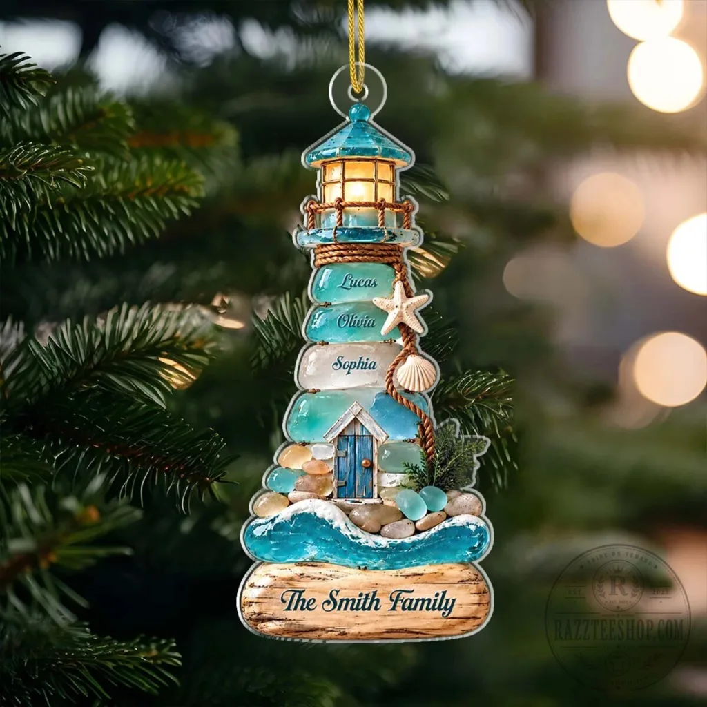 Personalized Sea Glass Coastal Lighthouse Family Name Christmas Ornament Personalized Sea Glass Coastal Lighthouse Family Name Christmas Ornament