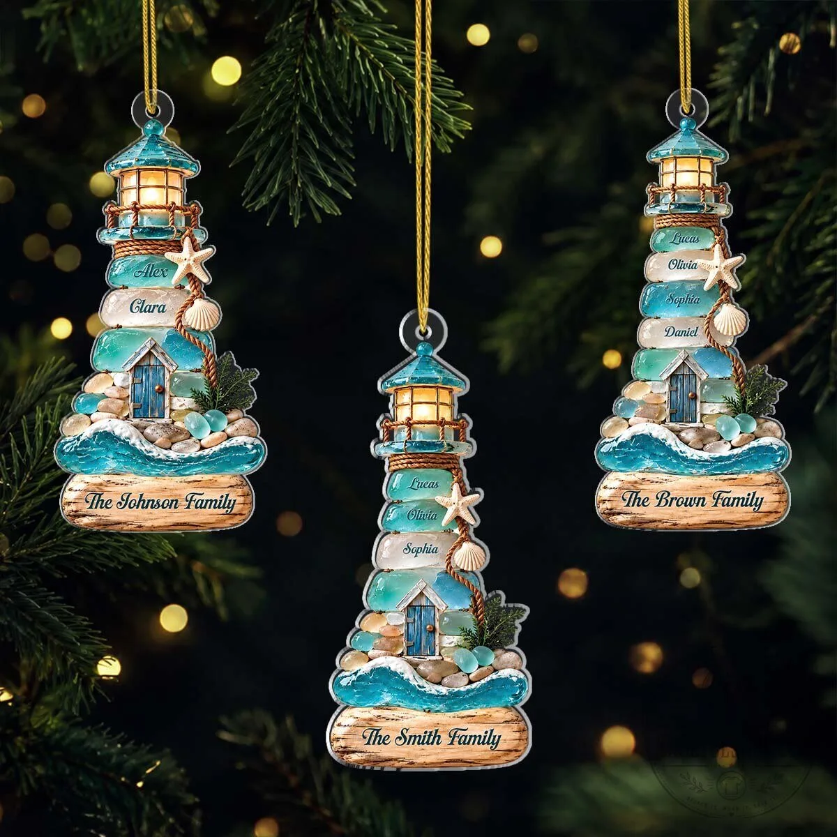 Personalized Sea Glass Coastal Lighthouse Family Name Christmas Ornament 11 Personalized Sea Glass Coastal Lighthouse Family Name Christmas Ornament
