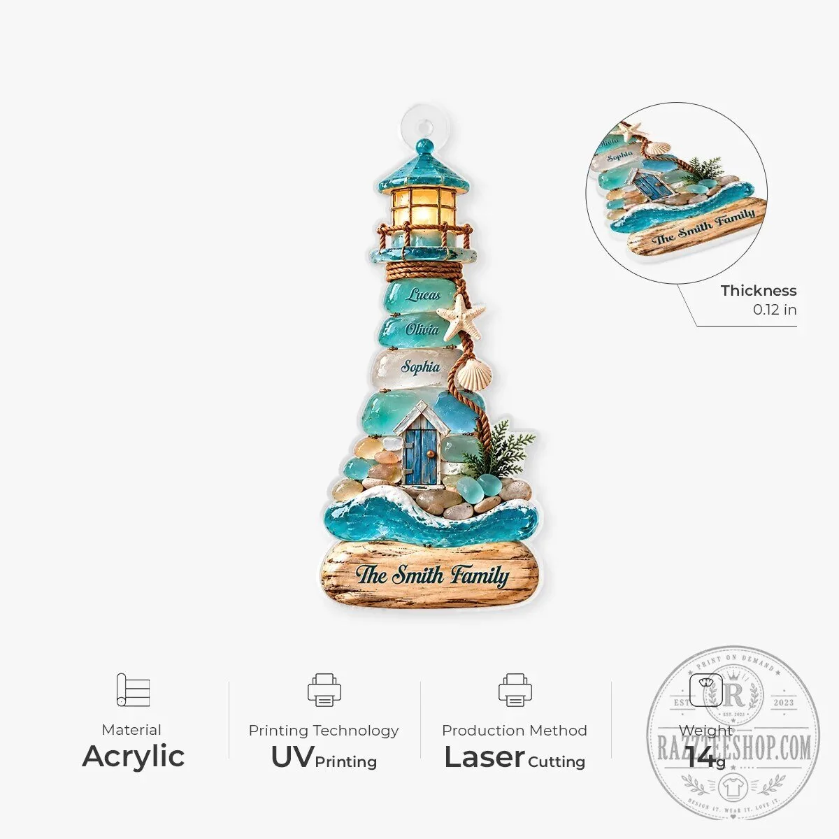 Personalized Sea Glass Coastal Lighthouse Family Name Christmas Ornament 12 Personalized Sea Glass Coastal Lighthouse Family Name Christmas Ornament