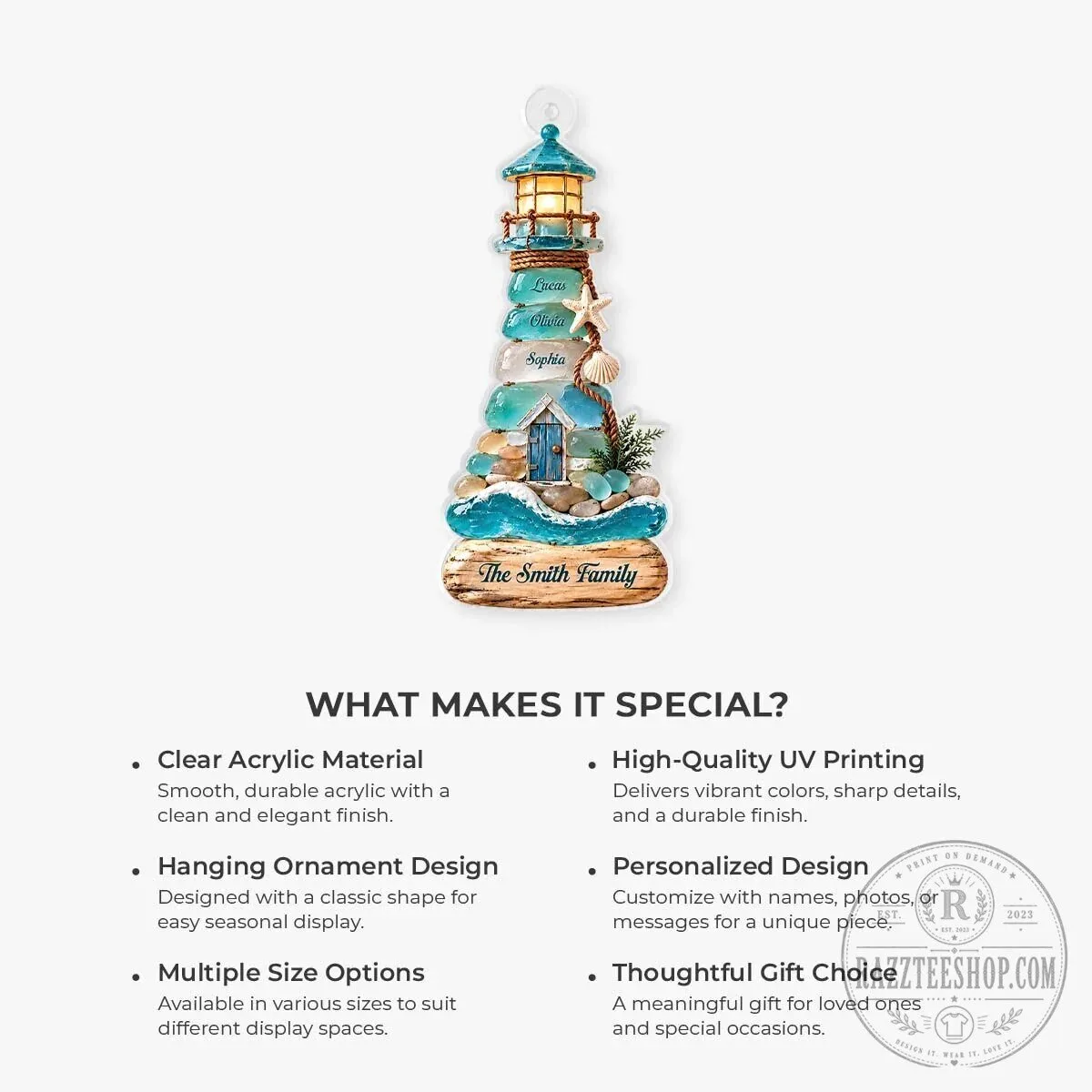 Personalized Sea Glass Coastal Lighthouse Family Name Christmas Ornament 15 Personalized Sea Glass Coastal Lighthouse Family Name Christmas Ornament