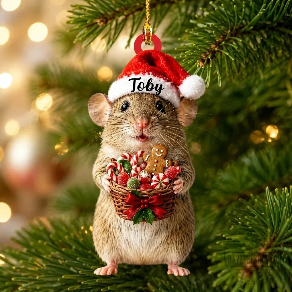 Personalized Cute Mouse with Christmas Candy Basket Holiday Ornament
