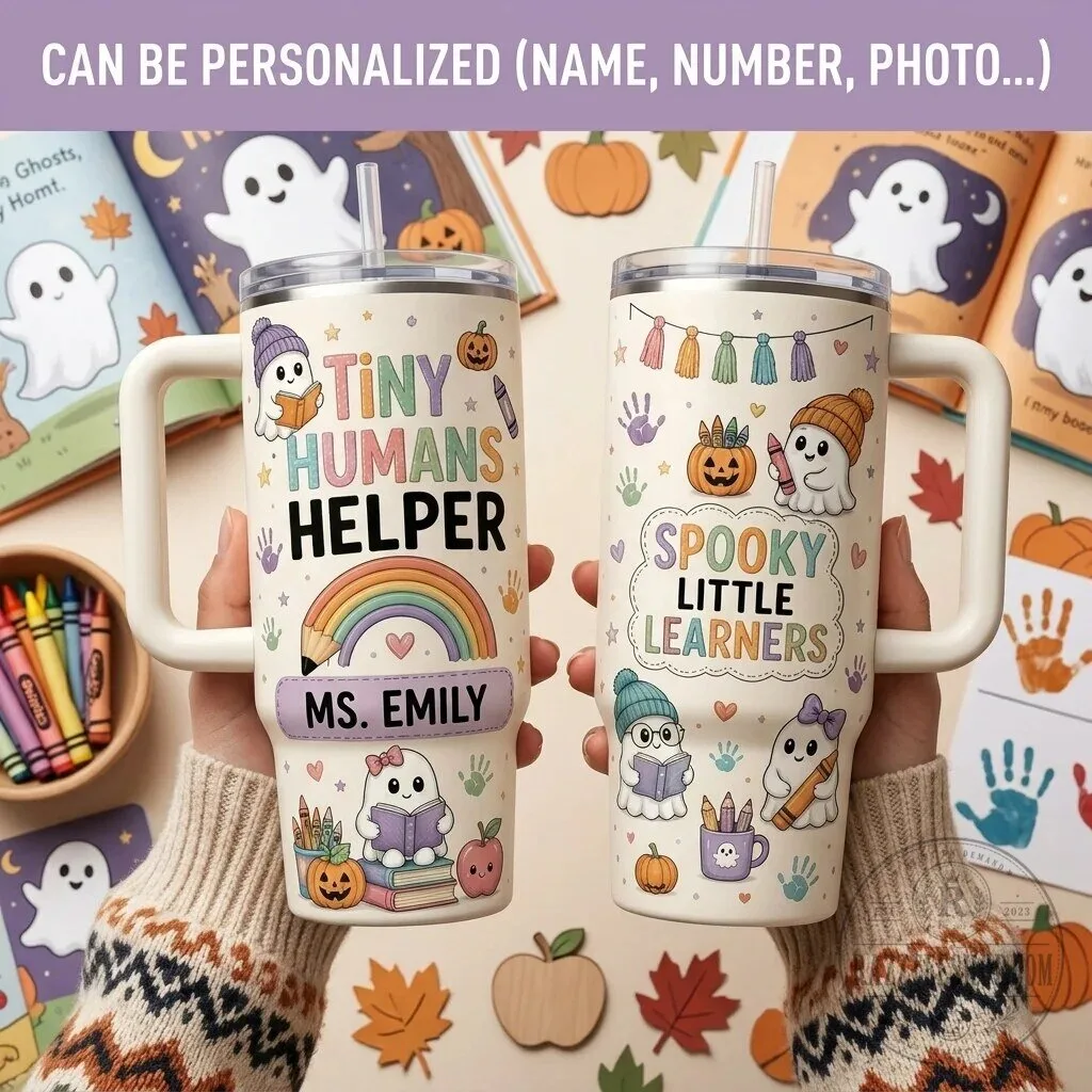 Personalized Tiny Humans Helper Teacher Halloween Tumbler with Handle 3 Personalized Tiny Humans Helper Teacher Halloween Tumbler with Handle