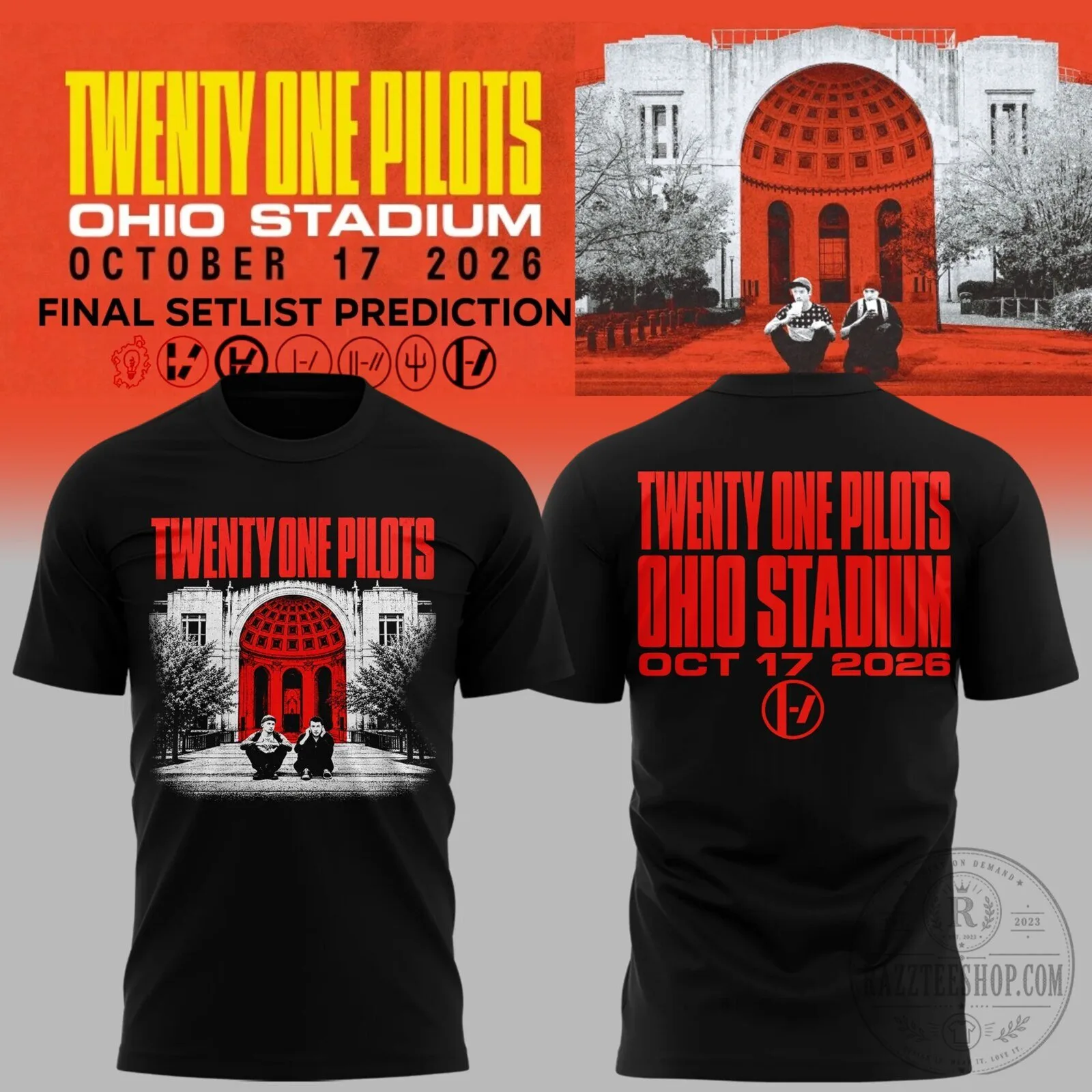 Black T-Shirt for Twenty One Pilots Concert at Ohio Stadium on October 17, 2026 1 Black T-Shirt for Twenty One Pilots Concert at Ohio Stadium on October 17, 2026